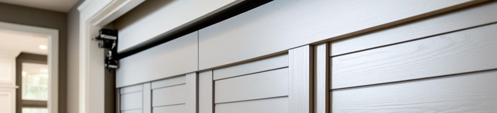 Close-up view of a modern sectional garage door with sleek horizontal panels inside a bright Fern Park home.