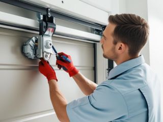 Technician Performing Garage Door Maintenance – Fern Park A professional technician in red gloves using tools to inspect and adjust a garage door mechanism during a maintenance service in Fern Park.