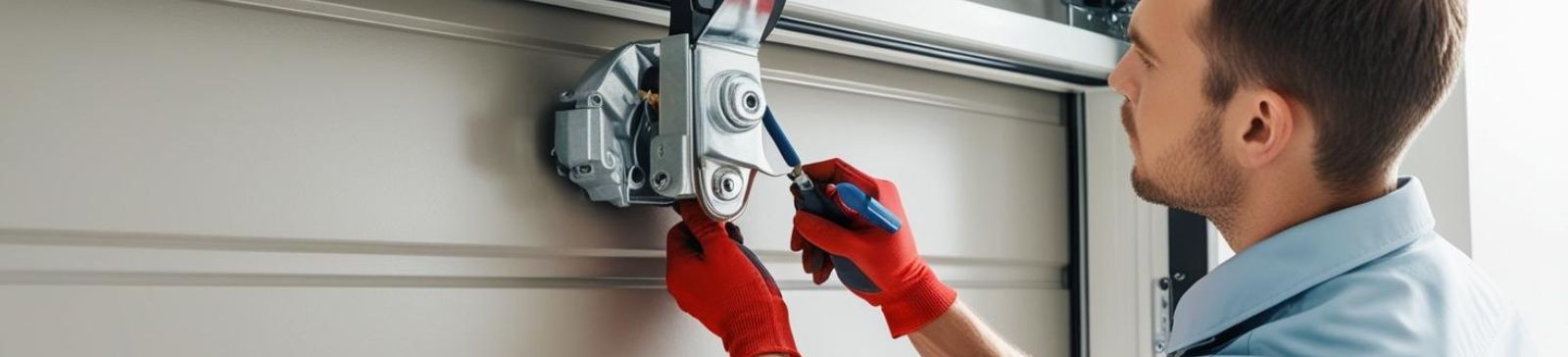 A professional technician in red gloves using tools to inspect and adjust a garage door mechanism during a maintenance service in Fern Park.