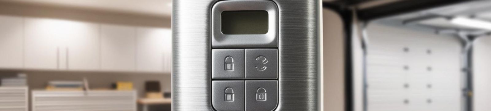 Close-up of a sleek, modern garage door remote control with four buttons, set against a bright, organized Fern Park garage interior.