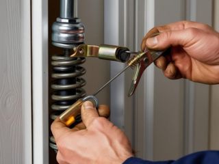 Technician Replacing Garage Door Spring – Fern Park Service Close-up of a technician’s hands adjusting and replacing a garage door torsion spring with professional tools in Fern Park, FL.
