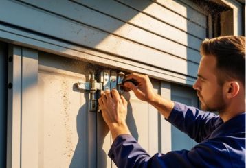 A professional technician using a screwdriver to adjust garage door hardware during a maintenance check in Fern Park, FL.