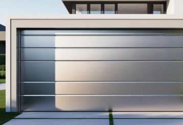 Sleek, contemporary aluminum garage door on a modern Fern Park home, reflecting sunlight and showcasing minimalist design trends for 2025.