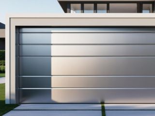 Sleek, contemporary aluminum garage door on a modern Fern Park home, reflecting sunlight and showcasing minimalist design trends for 2025.